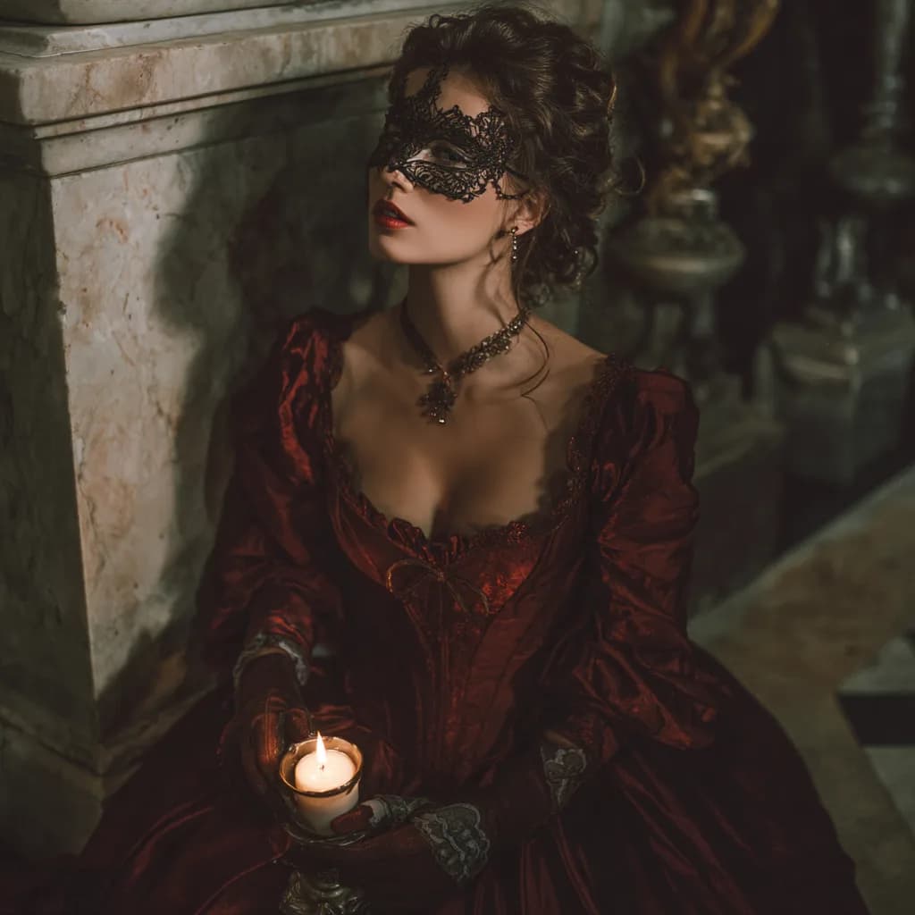 Refined portrait in a crimson velvet gown
